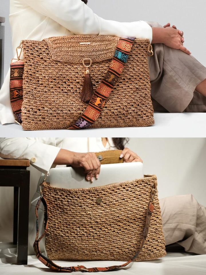 Woodland Weave: Woven Banana Bark Laptop Messenger Bag