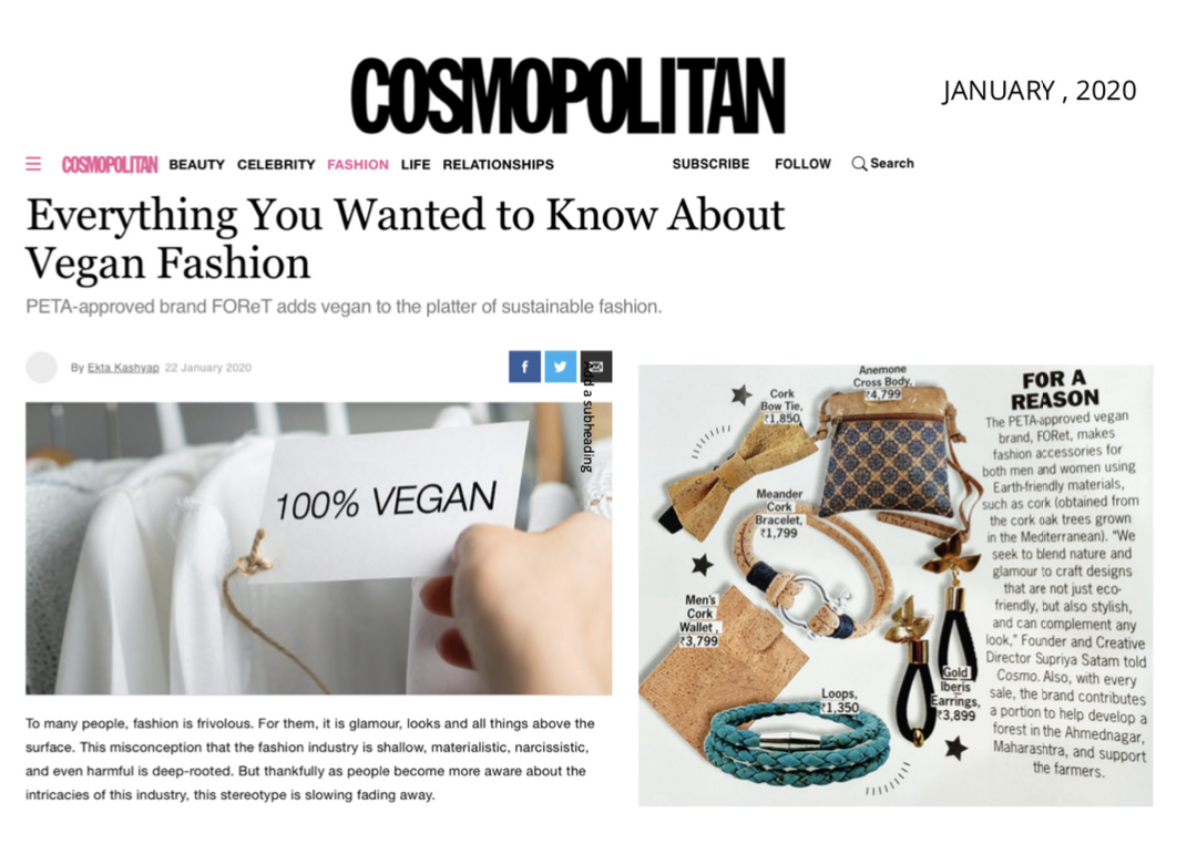 Cosmopolitan India features PETA approved Vegan Brand FOReT Sustainable Fashion