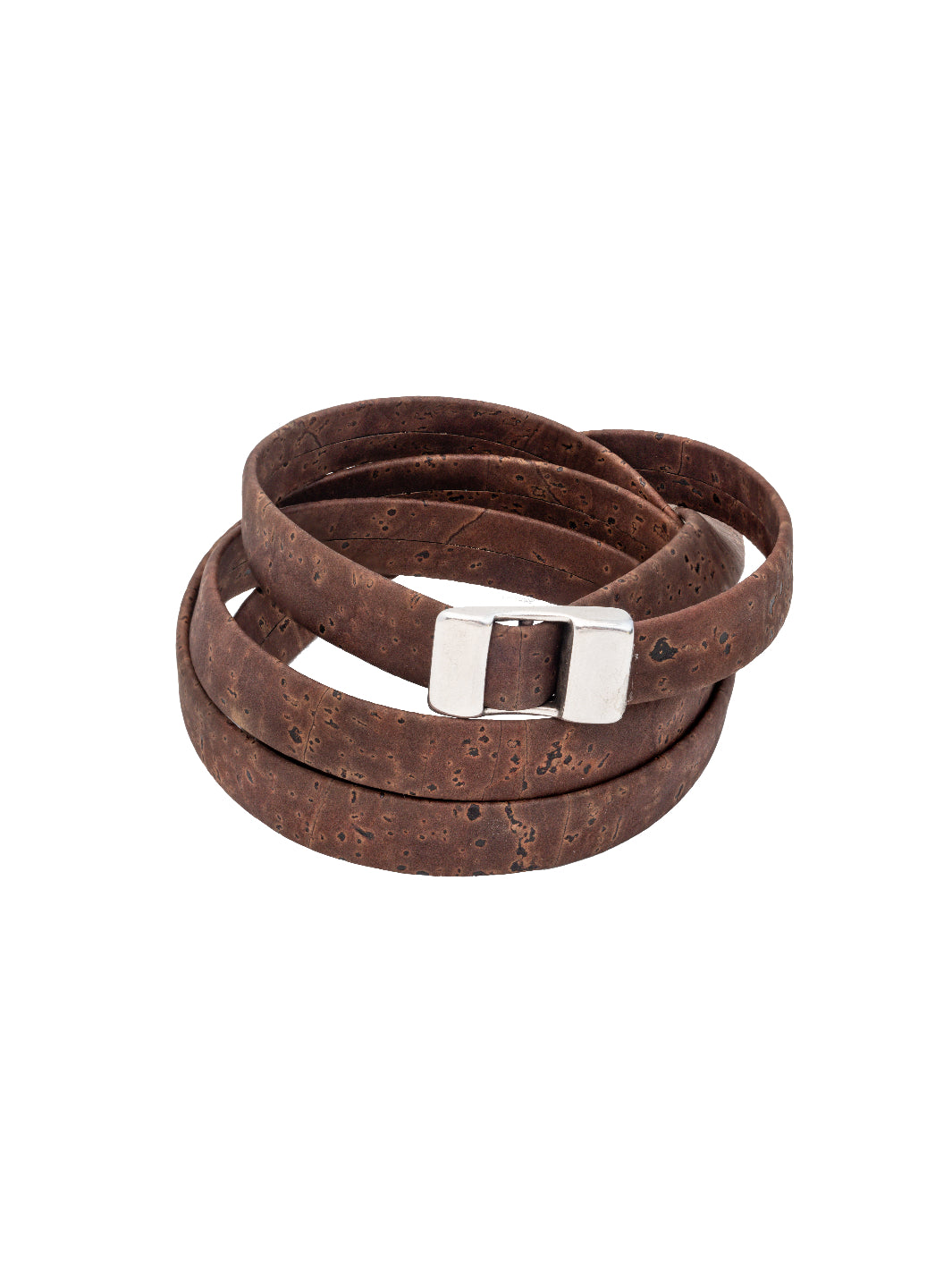 Introducing the Cocoa Clasp Adjustable Cork Wristband: eco-friendly elegance in silver and brown. With its adjustable clasp and lightweight design, it's perfect for any occasion. Comes in an elegant fabric pouch, ideal for gifting.