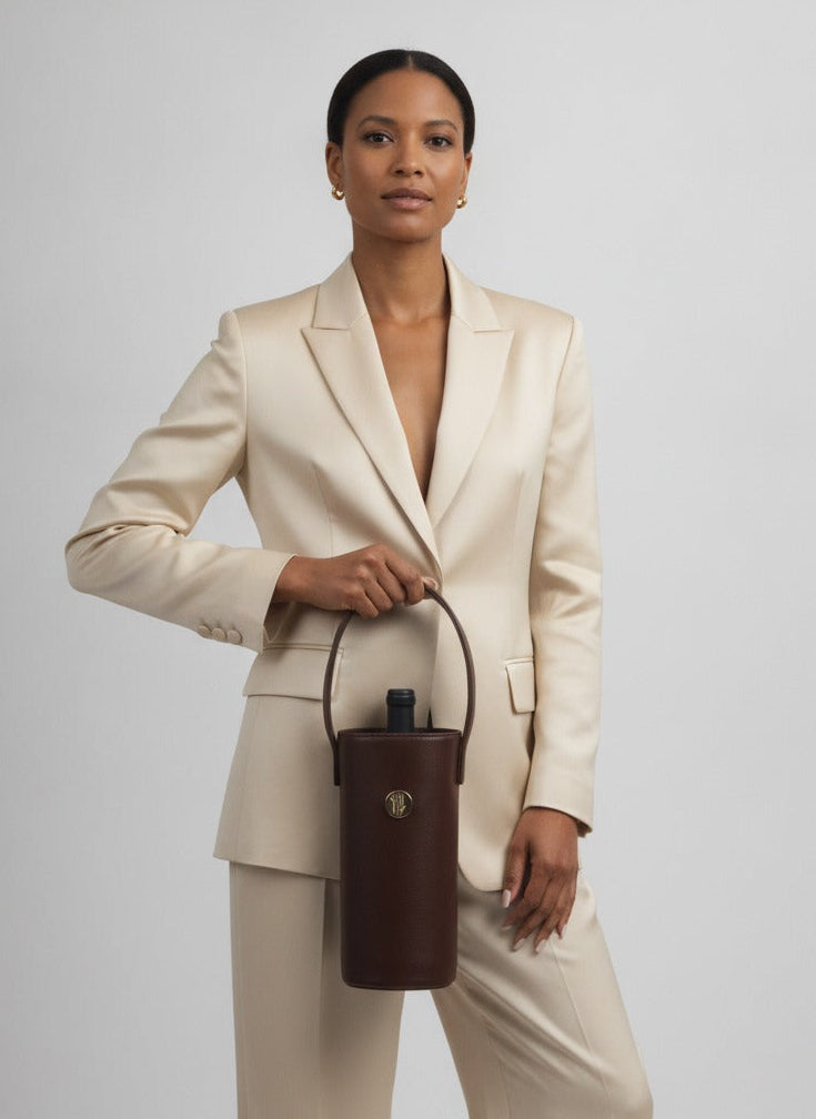 Woman in a beige suit holding a  brown plant leather wine bottle sleeve bag against a plain background