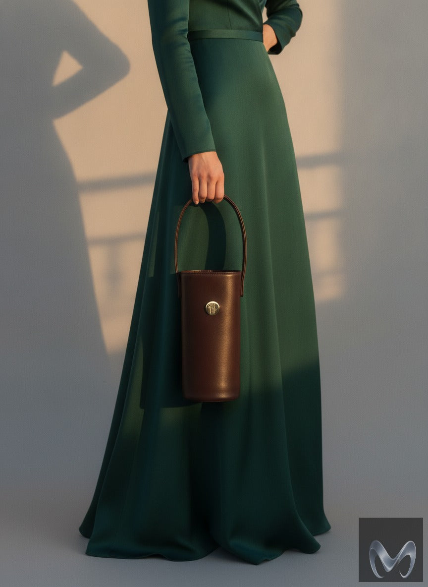 A woman in Green at a party wearing a long green dress holding a brown plant leather sleeve for a wine bottle at a party