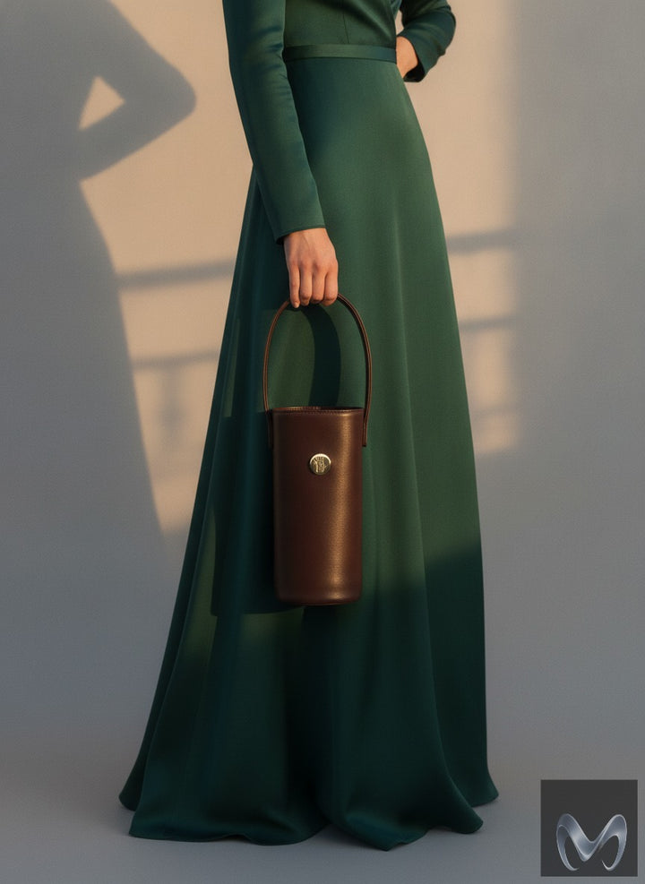 A woman in Green at a party wearing a long green dress holding a brown plant leather sleeve for a wine bottle at a party