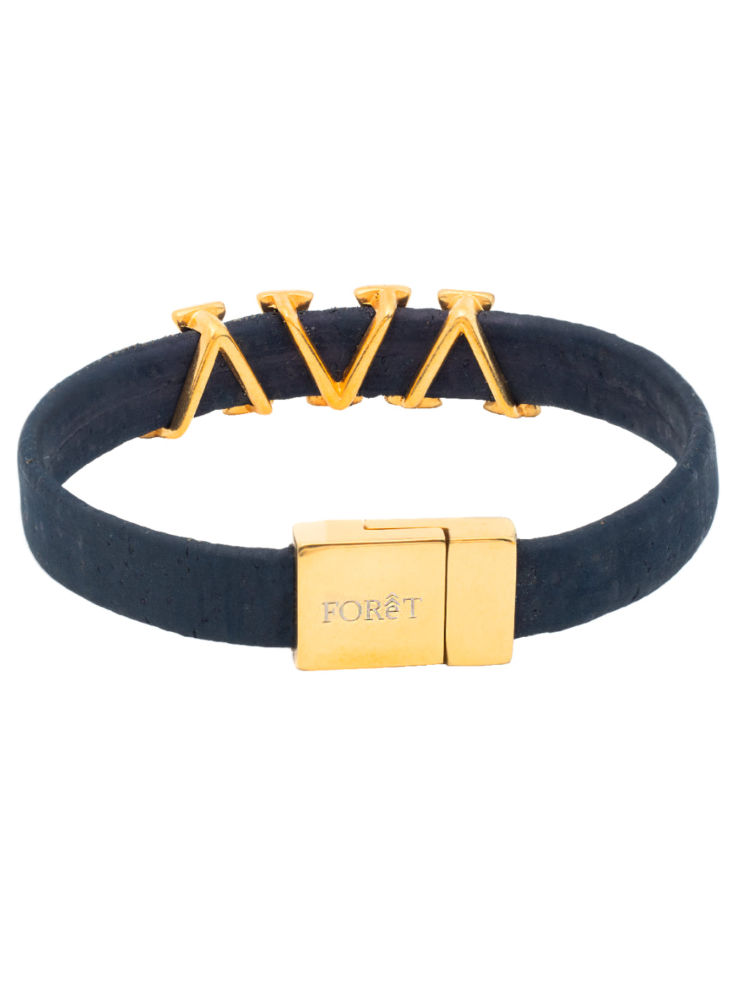 Introducing the GOLD SHARK TOOTH Cork Bracelet: bold navy-blue paired with luxurious gold, secured with a magnetic clasp for easy wear. A striking statement of elegance at just 14g.
