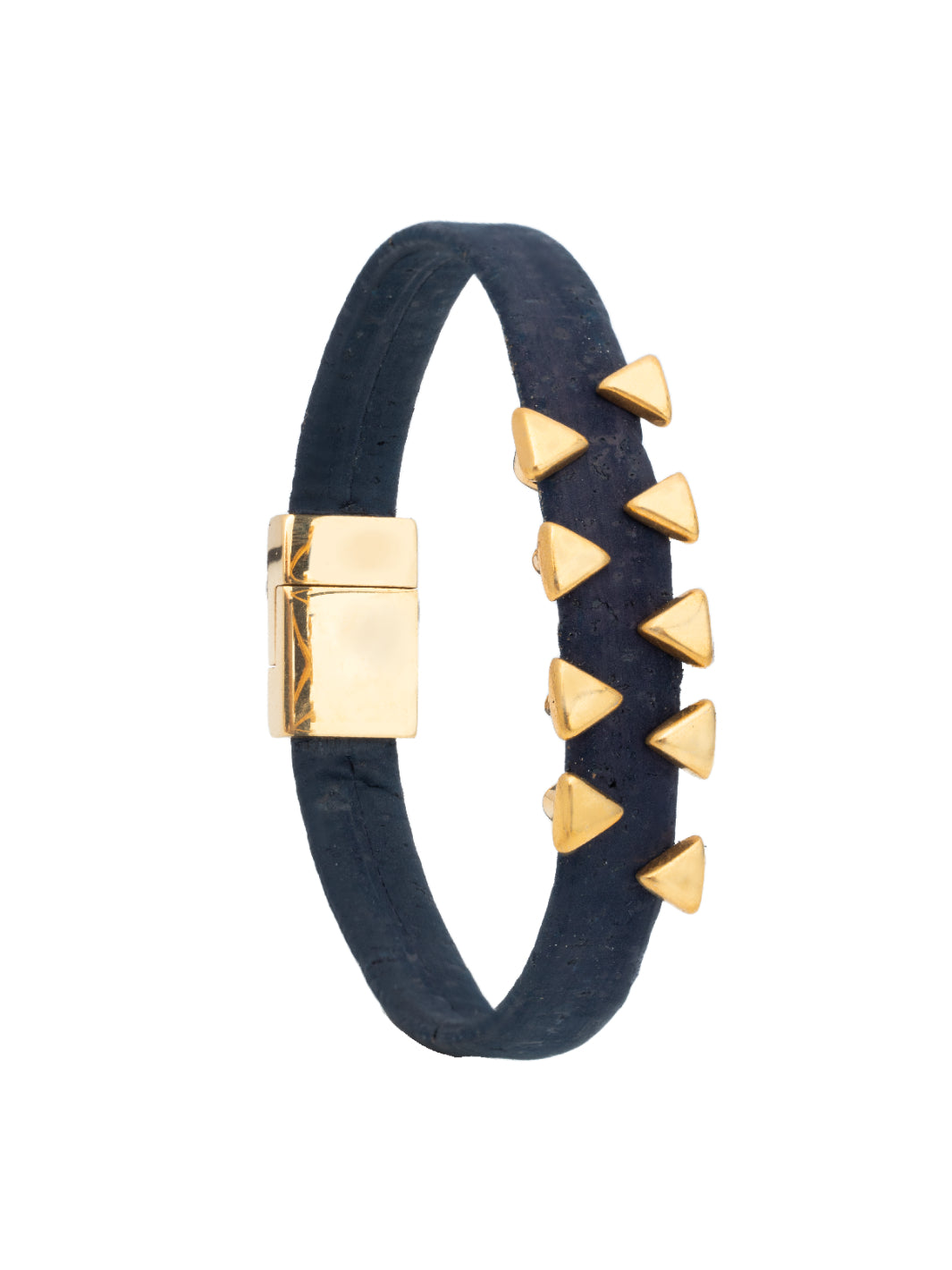 Introducing the GOLD SHARK TOOTH Cork Bracelet: bold navy-blue paired with luxurious gold, secured with a magnetic clasp for easy wear. A striking statement of elegance at just 14g.