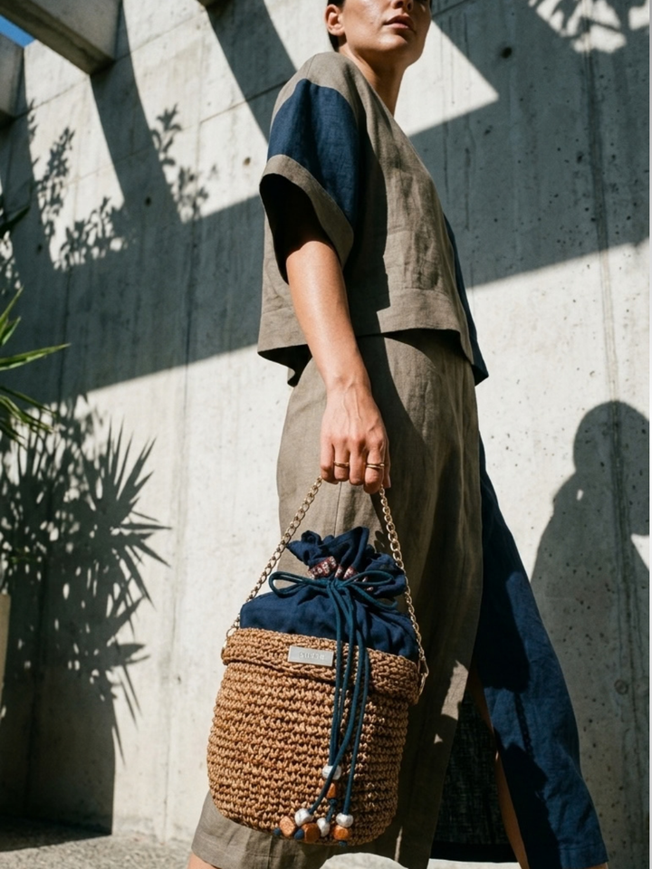 Handcrafted banana bark bucket handbag with blue cotton pouch lining by FOReT