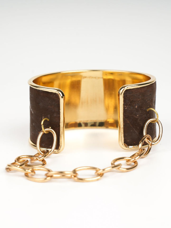 Brown Sepia cork cuff bracelet with chain dangler for women