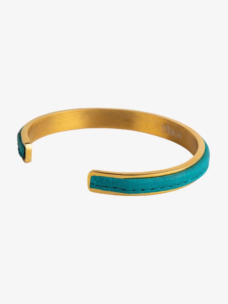 Azure Sunburst: Adjustable Cuff Bracelet with Teal Cork Bark and Gold Cuff