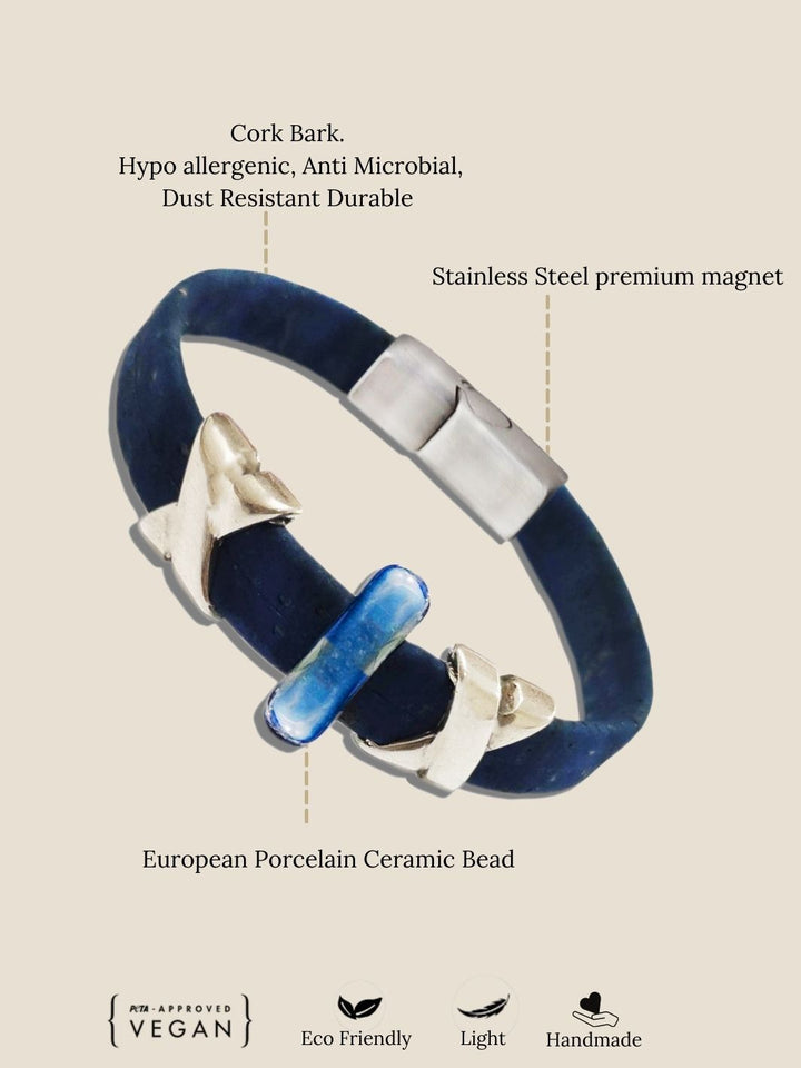 Stylish Vegan Cork Bracelet for Men in Ceramic and Antique Silver metal