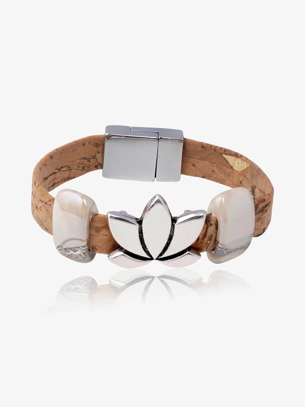 Sacred Lotus Bracelet in White and Silver in Porcelain Ceramic and Cork