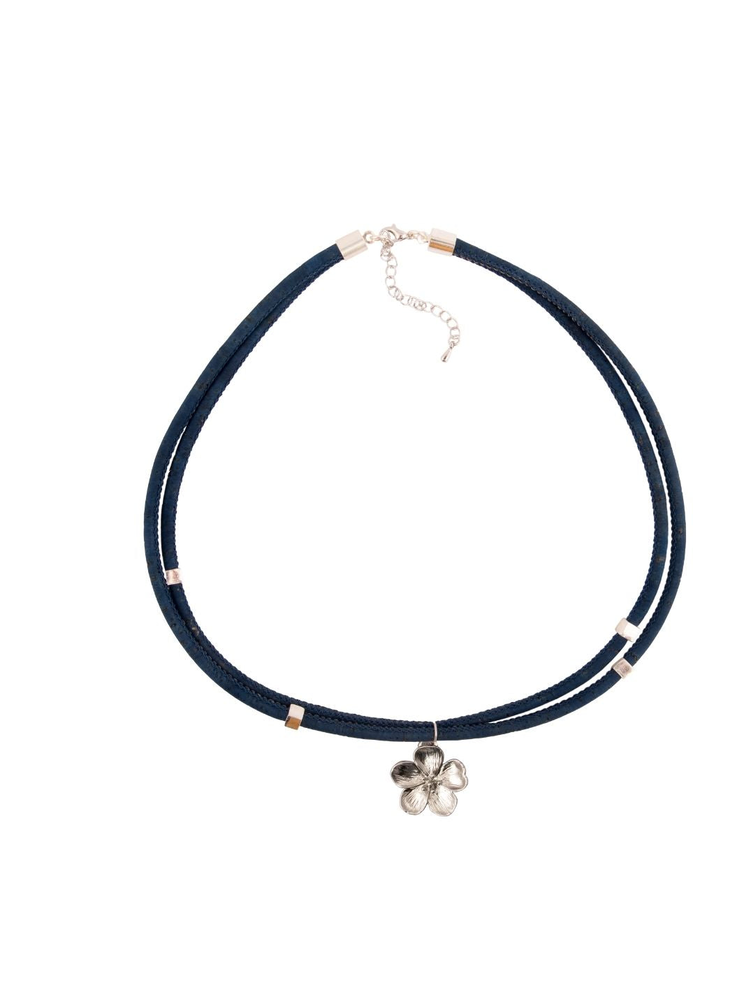 Moon Flower in Silver and Navy Blue Cork Necklace