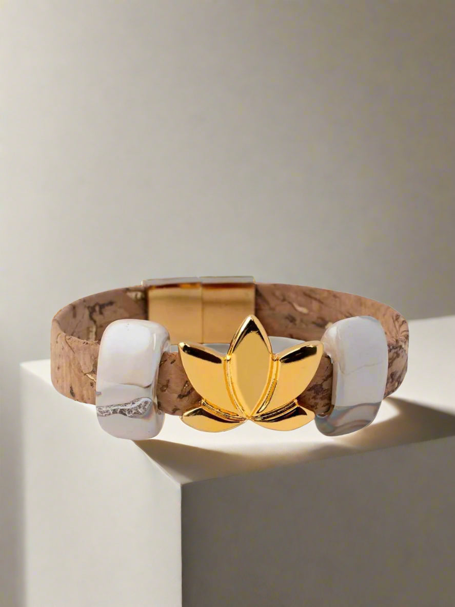 Sacred Lotus Bracelet in White and Gold in Porcelain Ceramic and Cork