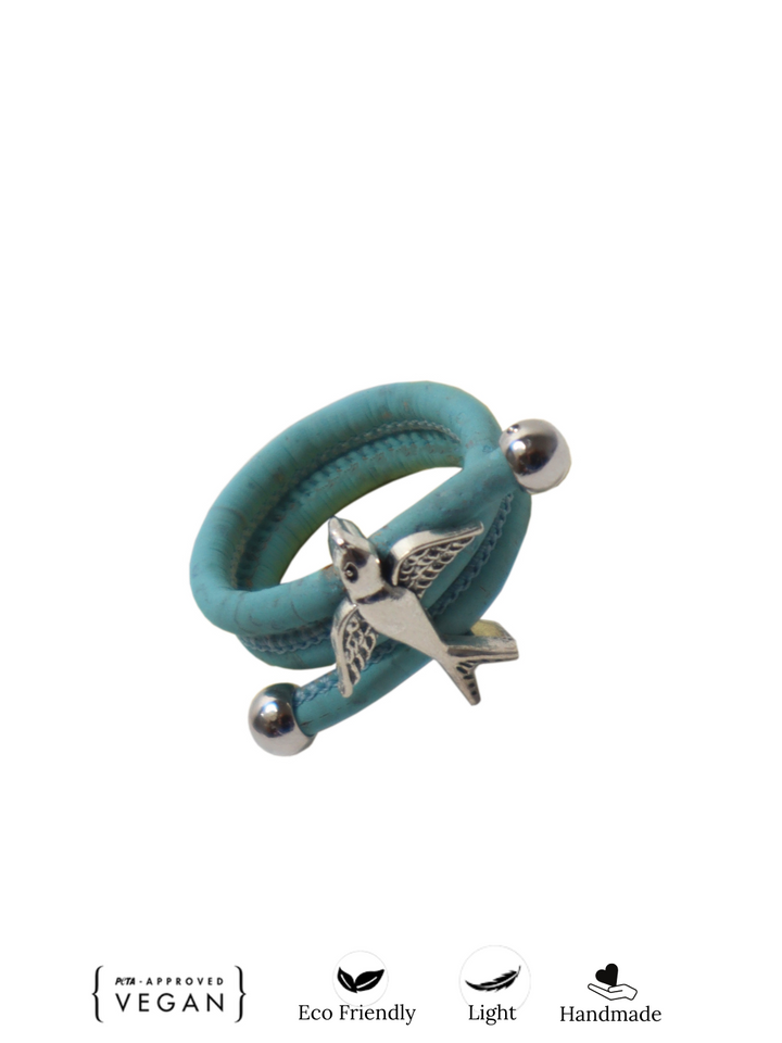 Adjustable Ring in Aqua Blue Cork and Bird Design