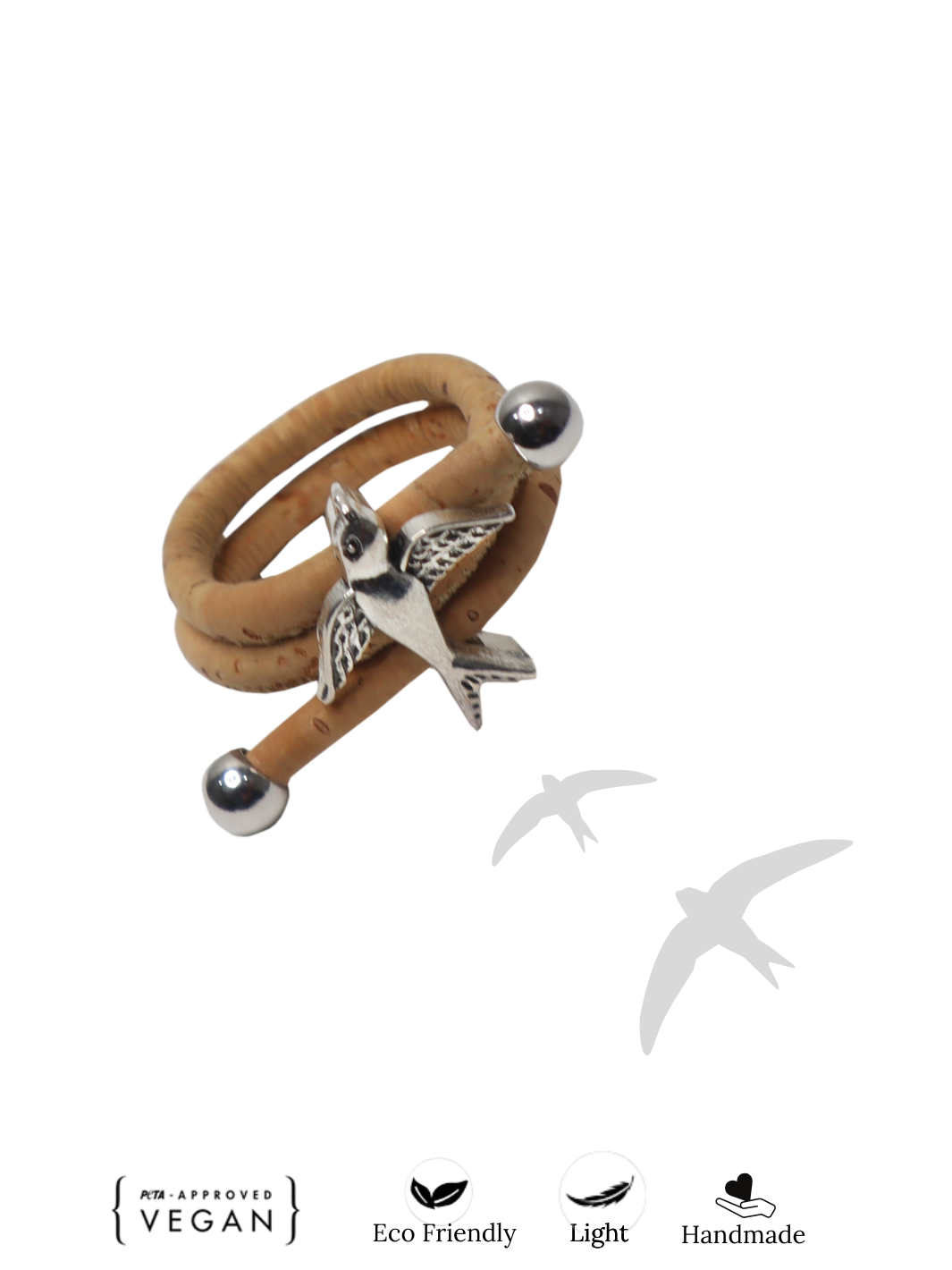 Adjustable Ring with Bird Design in Antique Silver and Natural Cork